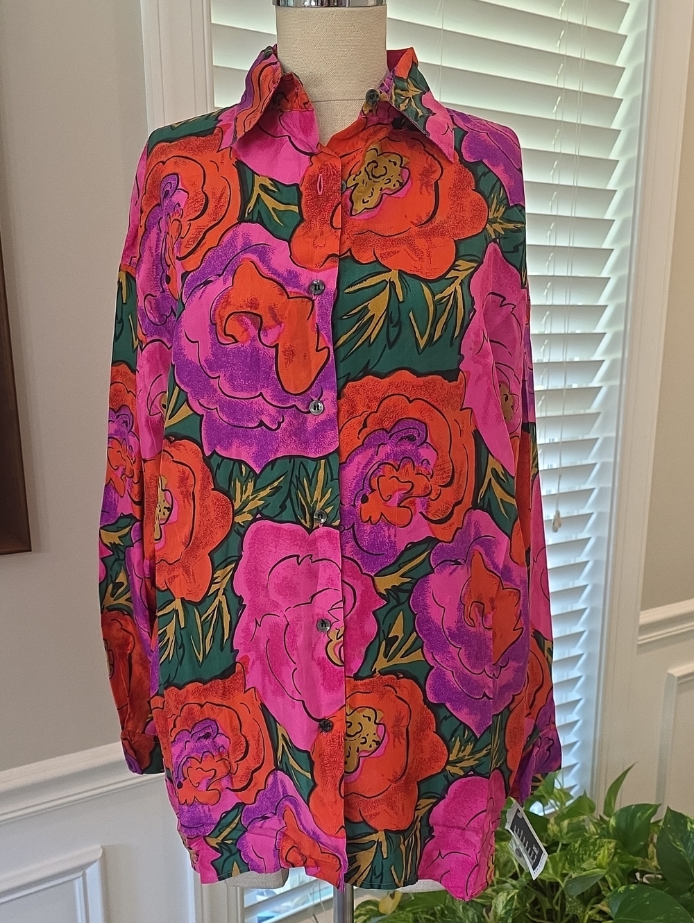 Basic Editions Floral Silk Button-Up — Pink, Fuchsia & Green